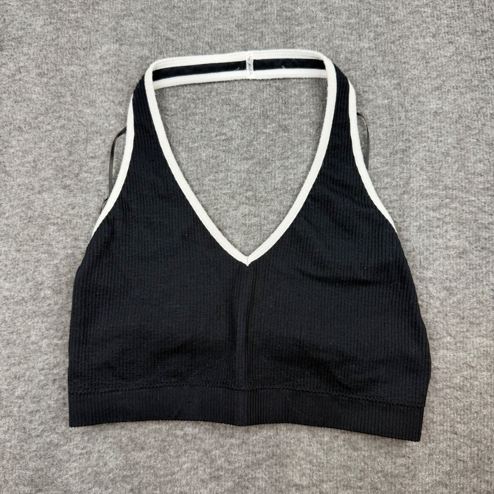 Garage Halter Crop Top Women's Small Black White Ribbed V-Neck Seamless Bralette